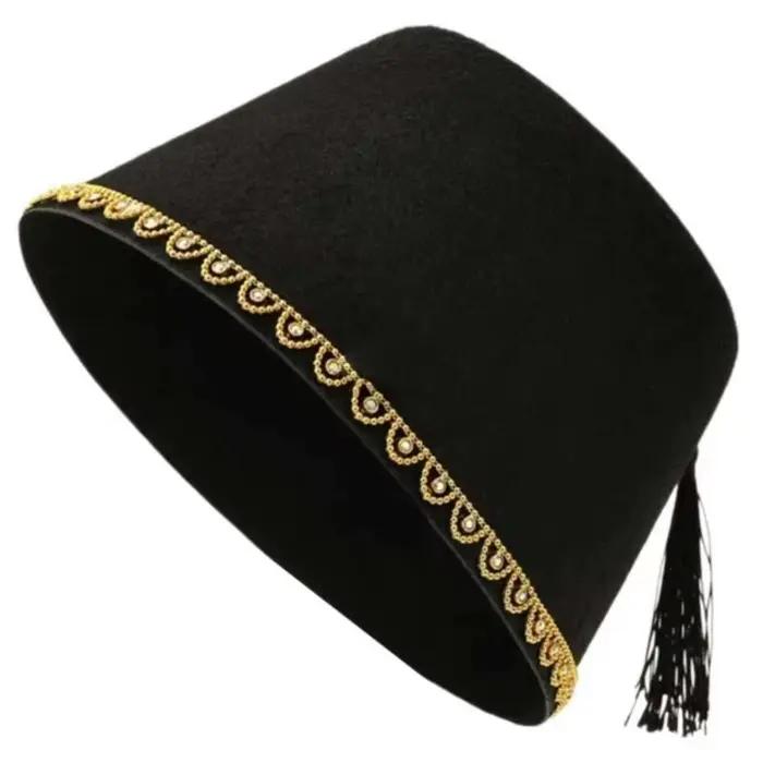 Chapeau Fez Rond Universel en Feutre Respirant Rouge Tarboosh, Chapeau Turc Ottoman avec Pompons pou