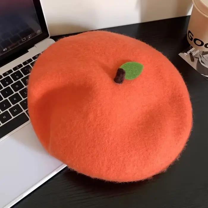 Ins nouveau drôle mignon Orange laine bérets casquette pour femme automne et hiver décontracté polyv