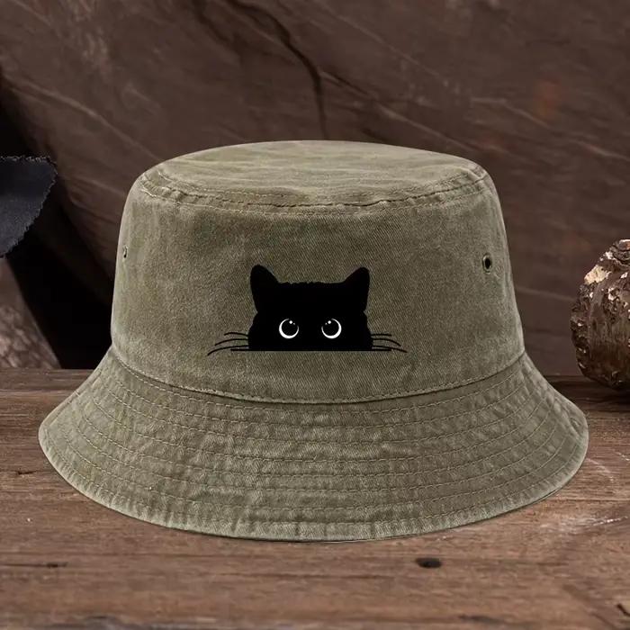 Chapeau de pêcheur à motif imprimé chat noir, style vintage, adapté aux voyages en plein air pour ho