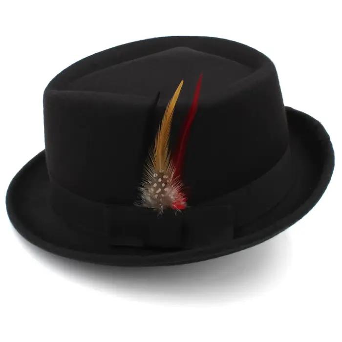 Losange couronne trilby chapeaux pour hommes classique plume trilby fedora chapeau Curl gentleman mo