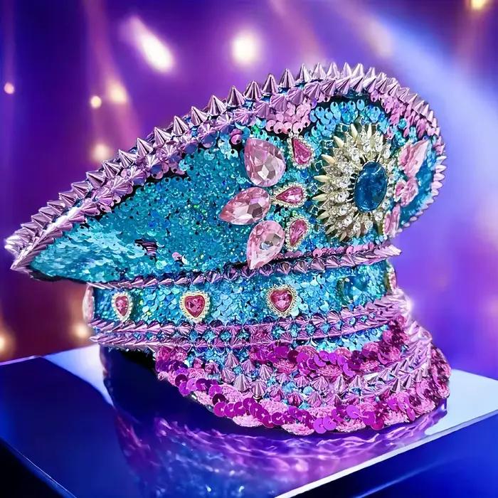 Festival de luxe strass capitaine chapeau casquette militaire sergent chapeau poule faire chapeau Mu