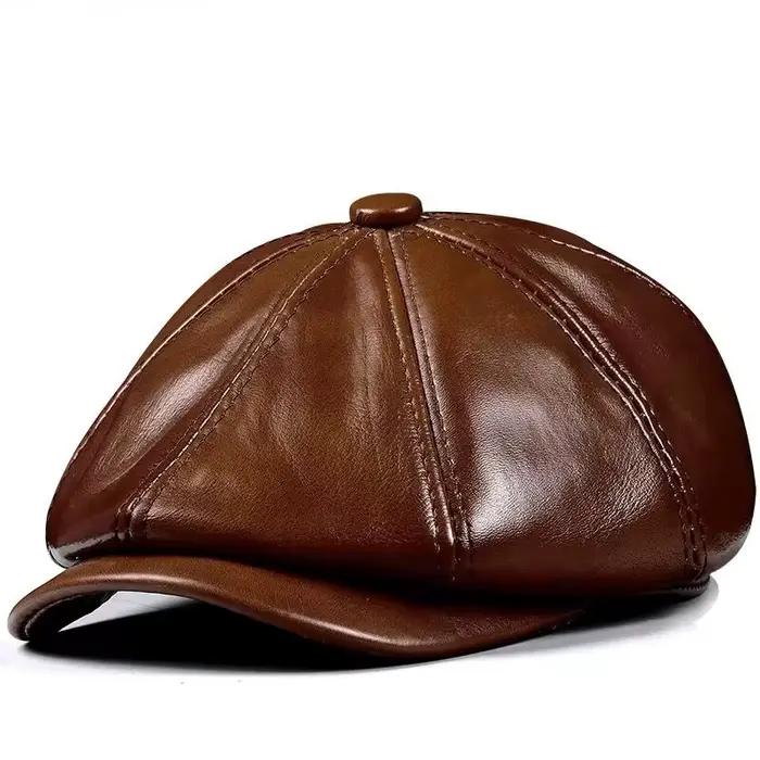 Printemps nouveau chapeau en cuir véritable casquette en peau de vache béret chaud coton hommes remb