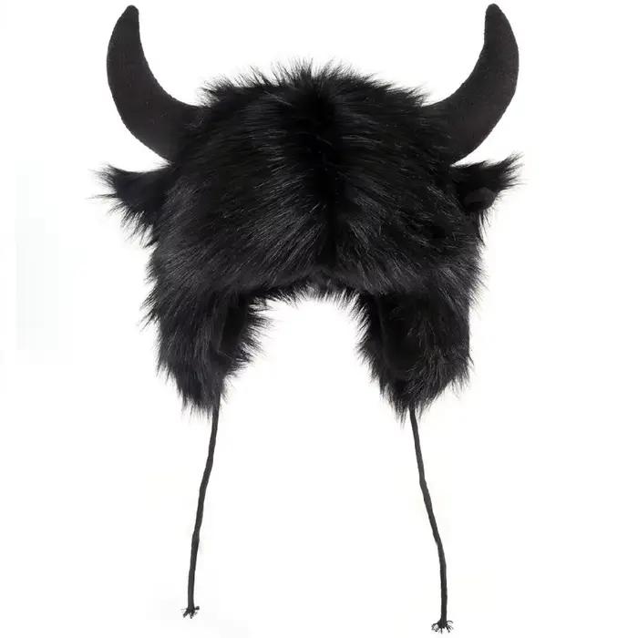 Chapeau Bullhead unisexe de haute qualité avec cornes, chapeau Bison épais, moelleux, coupe-vent, à 