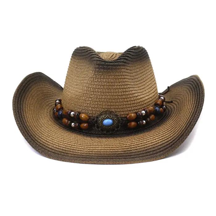 Chapeaux de Cowboy en paille perlé décoratif pour femmes et hommes, Protection UV d'été, casquettes 