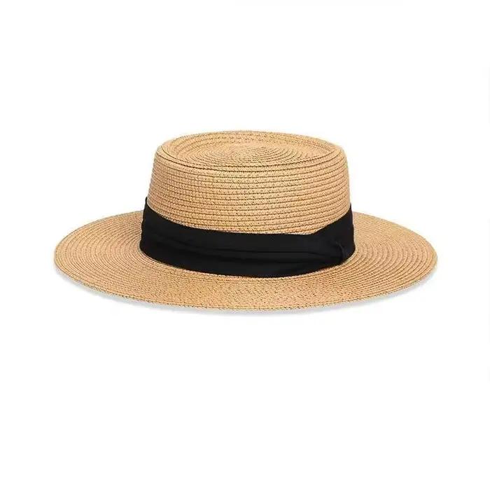 Chapeau de paille à bord plat de style français tendance pour femme, idéal pour les voyages et la pl