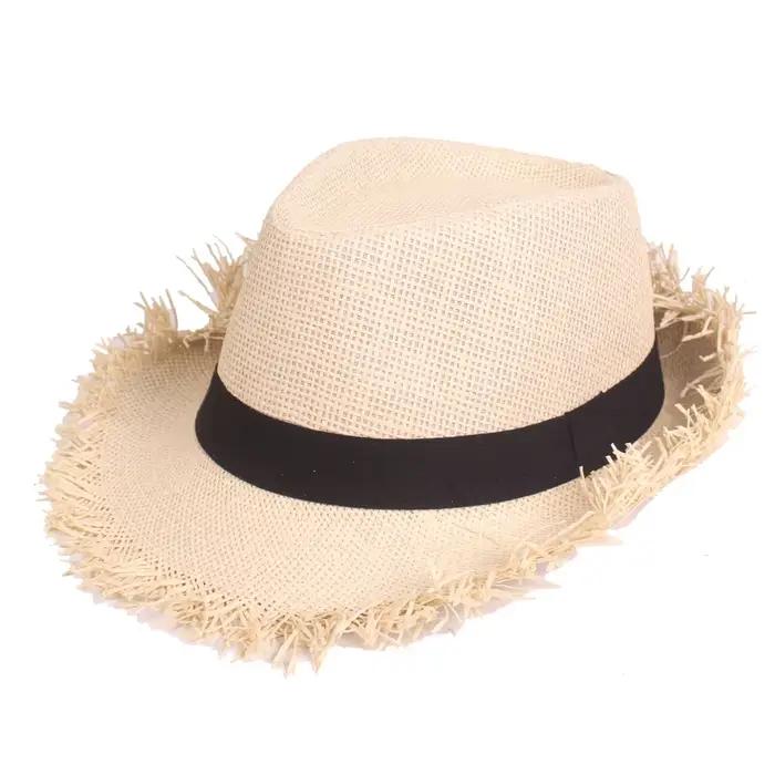 Chapeau Fedora en paille à bords effilochés pour homme et femme, léger, respirant, pour la plage, st