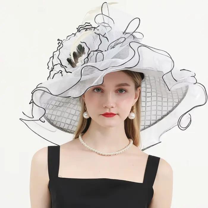 Chapeau d'été à large bord pour femme, style Kentucky Derby, avec organza et fleur, couleur champagn