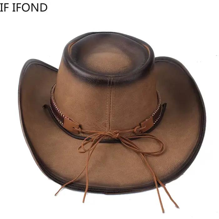 Nouveau 100% cuir hommes femmes Western Cowboy chapeau à large bord parrain chapeaux Gentleman églis