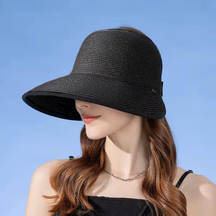 Chapeau de soleil en paille pour femmes, élégant, décontracté, haut creux, visière, pour vacances en