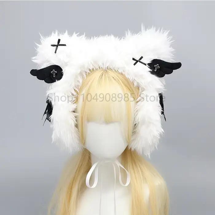 Chapeau en peluche pour femmes, ailes d'hiver, cache-oreilles Harajuku, Lolita Kawaii, couleur unie,