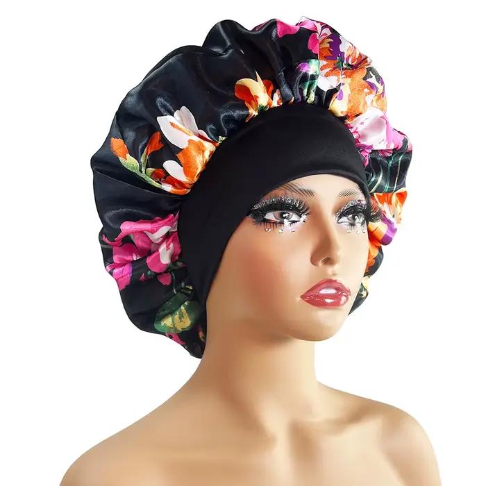Bonnet en Satin pour femmes, grand Bonnet soyeux pour femmes, impression florale, Bonnet de nuit, De