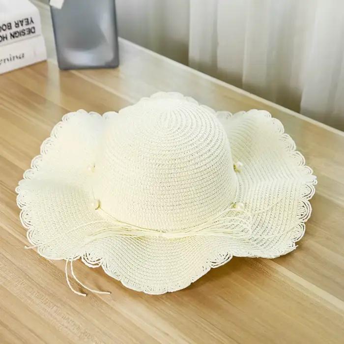Chapeau de paille pliable à large bord avec perles, style français, pour femme, printemps-été, plage