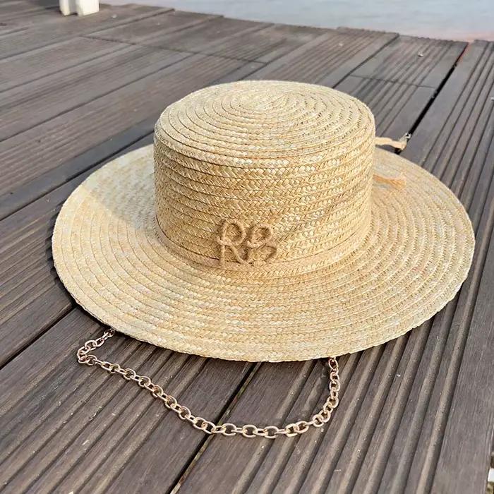 Chapeaux de soleil classiques en paille Panama pour femmes, été, faits à la main, avec chaîne en mét