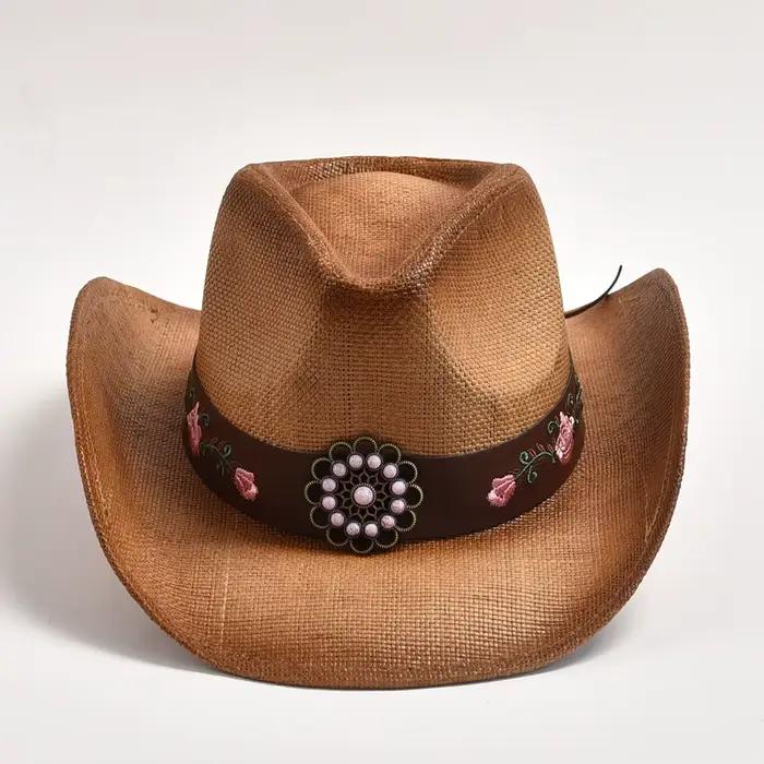 Chapeau de cowboy occidental en paille pour hommes et femmes, chapeau de soleil de plage, vintage, g
