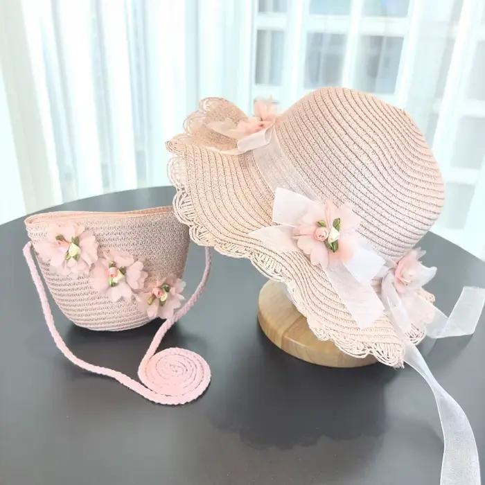 Chapeau de paille 2 pièces pour filles, couleur unie, chapeau de soleil de voyage en plein air, styl
