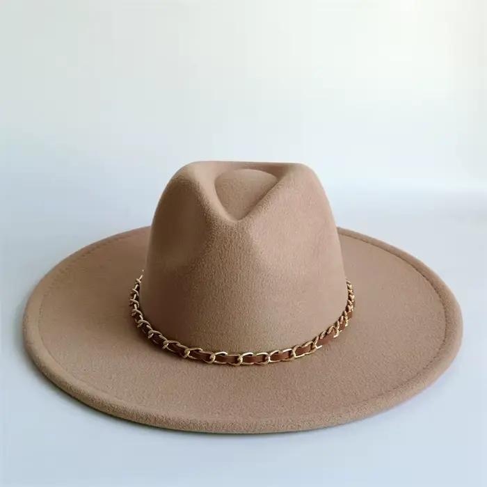 Chapeau Fedora jaune tendance avec chaîne colorée, chapeau à large bord de 9,5 cm pour femme, chapea