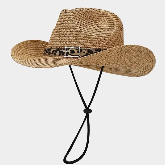 Chapeau de cowboy occidental en paille avec bandeau imprimé léopard, chapeau de soleil à large bord 
