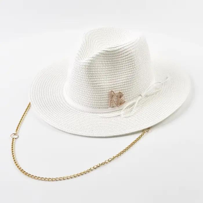 Chapeaux de paille tendance avec lettres métalliques pour femmes, chapeaux de soleil Panama pour le 