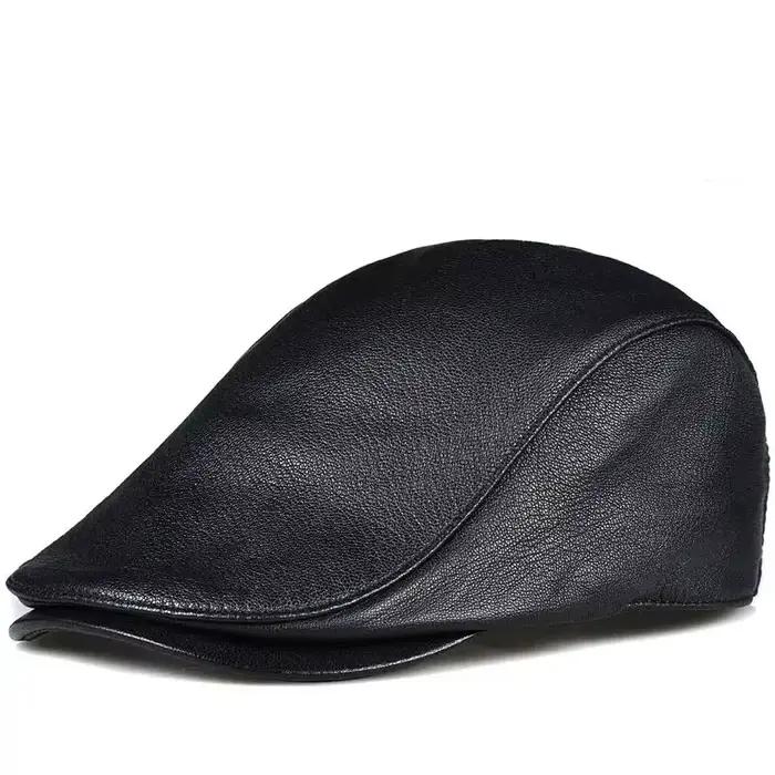 Bérets d'hiver en cuir de mouton couche supérieure pour hommes, casquette de protection des oreilles