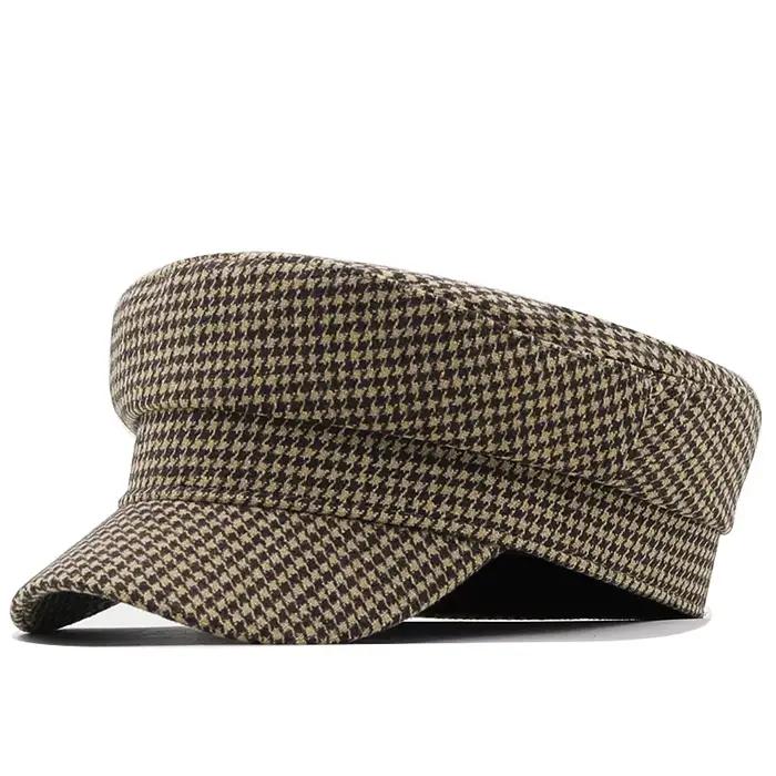 Chapeau militaire en laine pour femme, bérets à carreaux vintage, casquette militaire plate, visière