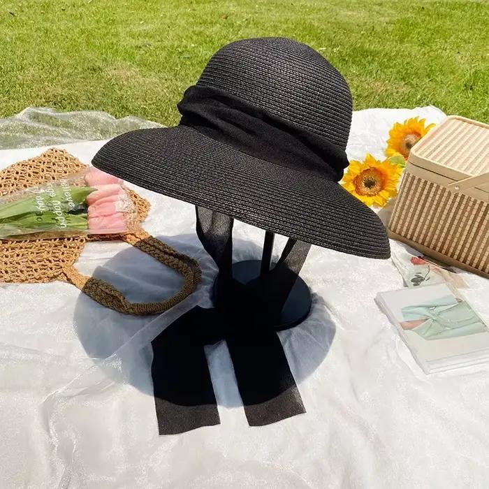Chapeaux de paille longs et élégants pour femmes, chapeau de plage Panama pliable à large bord, mode