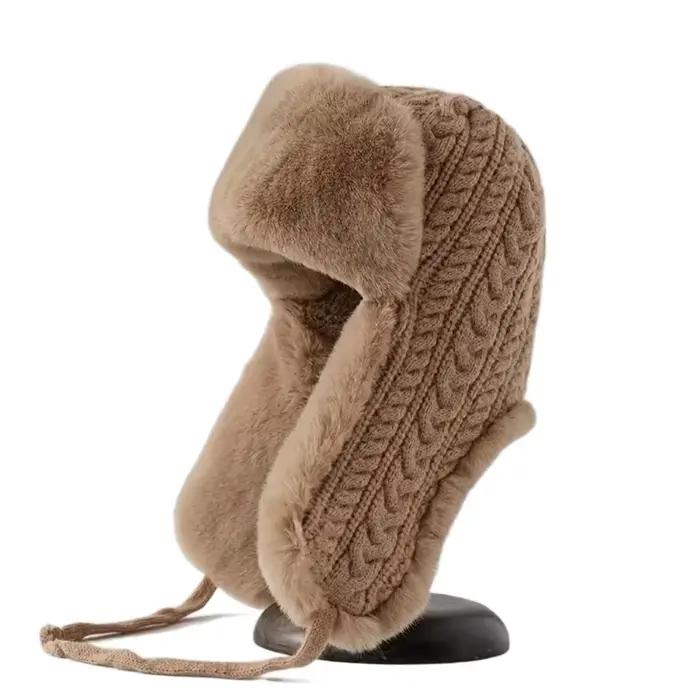 Chapeau de pilote en tricot tendance pour hommes et femmes, chapeau Lei Feng en fausse fourrure moel
