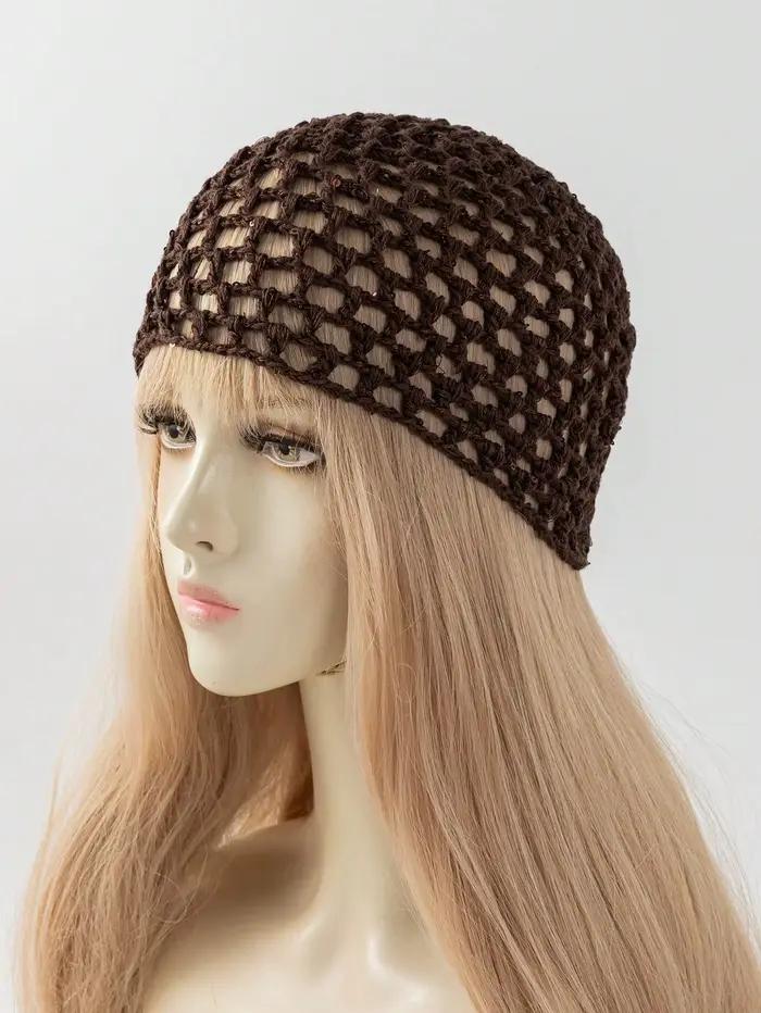Chapeau en crochet à paillettes creuses pour femmes, couleur unie, polyvalent et à la mode, adapté a
