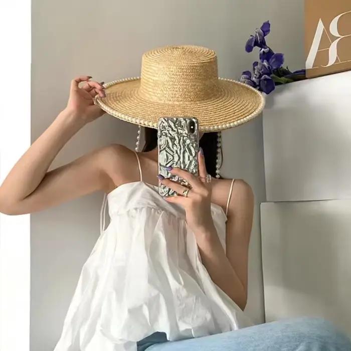 Chapeau de soleil en paille de blé pour femmes, chapeau d'été en perles à large bord, chapeaux de pê