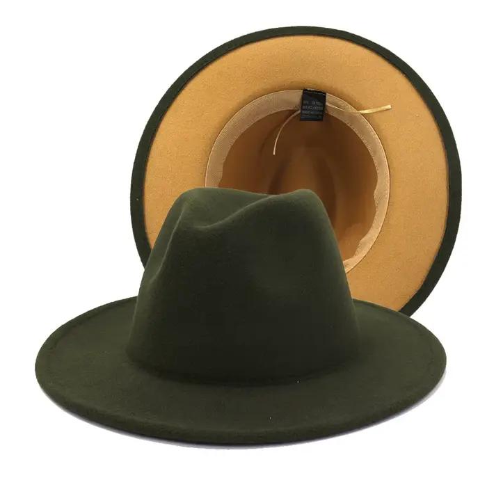 QBHAT vert Olive avec bas beige Patchwork deux tons couleur laine feutre Jazz Fedora chapeaux femmes