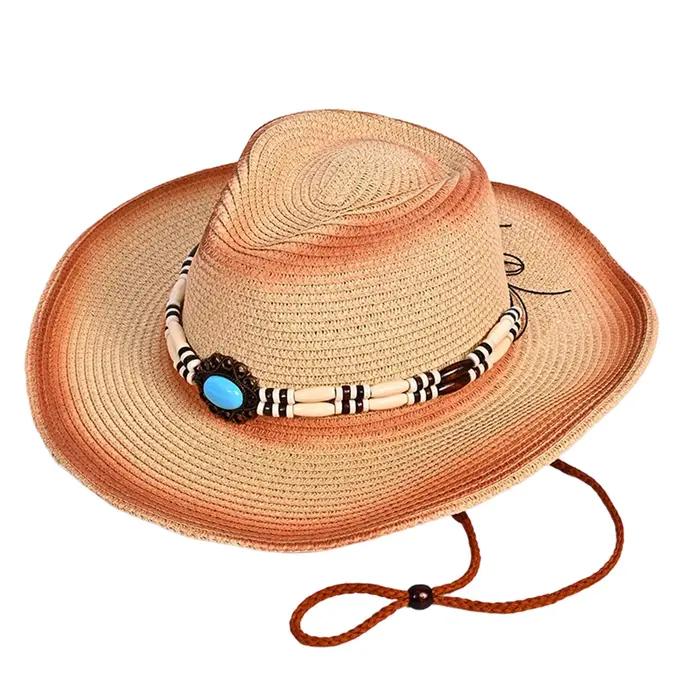 Chapeau de Cowgirl en paille avec ceinture de perles pour hommes et femmes, casquette occidentale ré