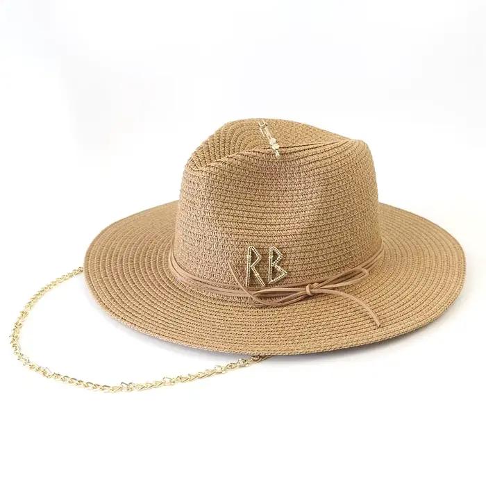 Chapeau de paille tendance avec lettres métalliques RB pour femmes et hommes, idéal pour l'été, la p