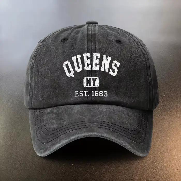 Un chapeau délavé orné de l'inscription « QUEENS NY EST. » 1683, une casquette de baseball anti-UV, 