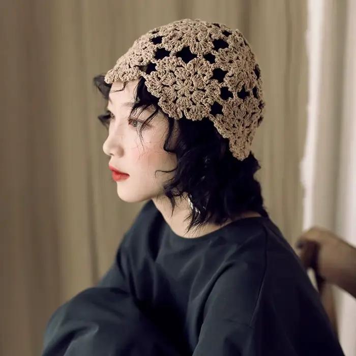 Chapeau bob en crochet style ethnique rétro, chapeau panama, chapeau creux à fleurs tricotées, chape