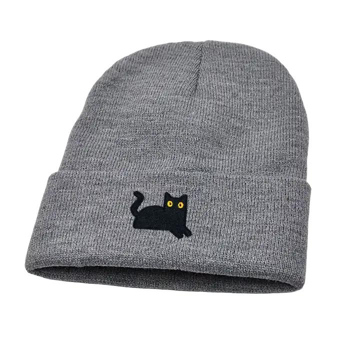Chapeau pull tricoté chaud pour hommes et femmes, bonnet en fil brodé à motif de chat noir mignon, a