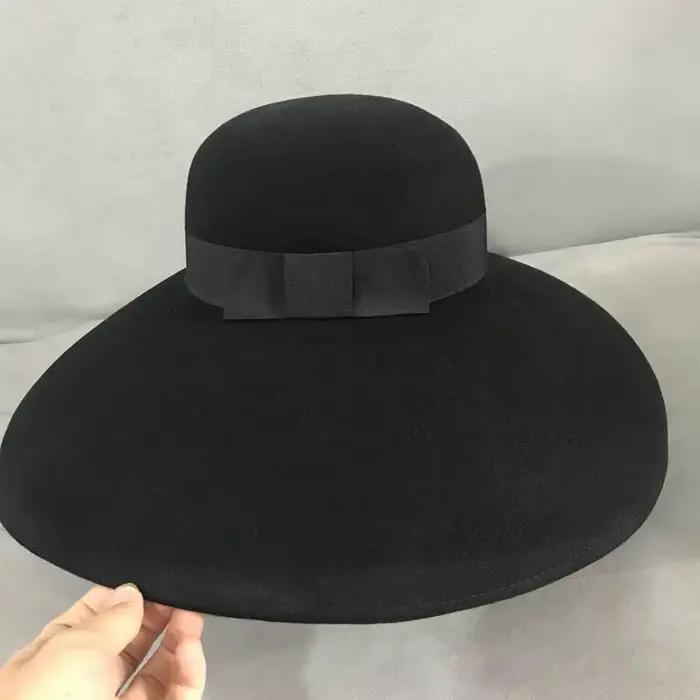 Chapeau souple en feutre de laine Pure noir de Style rétro pour femmes, Cloche Fedora d'hiver à larg
