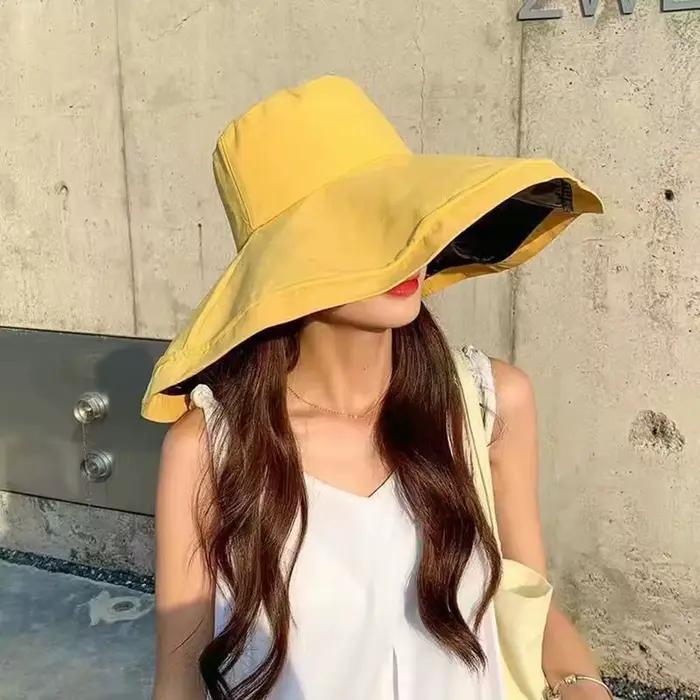 Chapeau de soleil pliable pour femmes, couleur unie, à large bord, pour voyage et plein air, chapeau