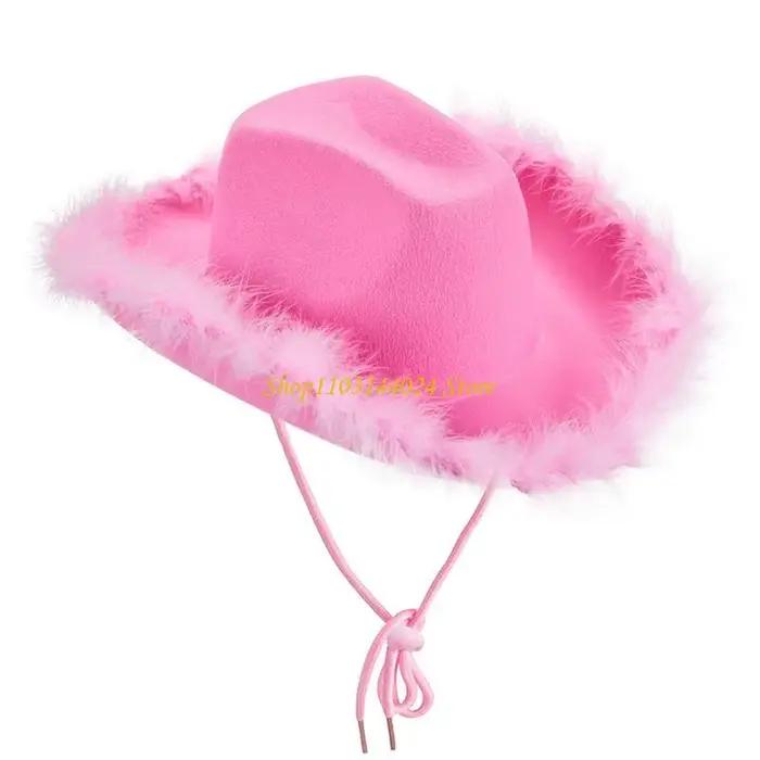 N5KE – chapeau Cowboy rose assorti avec tout, chapeau Cowgirl à bord en plumes moelleuses, pour acce