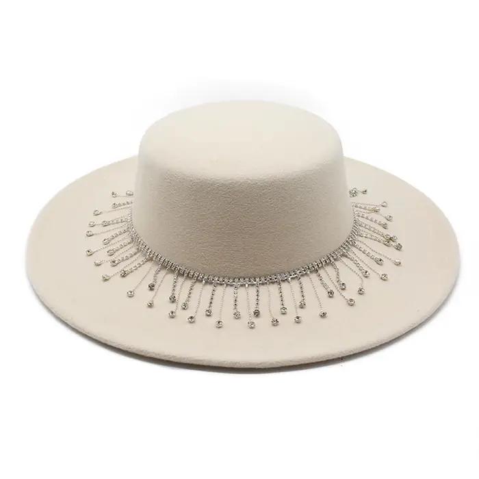 Chapeau de plaisancier à pampilles en strass pour femmes, Vintage, élégant, à dessus plat, à large b