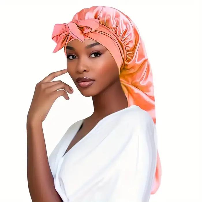 Bonnet tressé à nœud papillon, bonnet de nuit en satin non parfumé avec bande élastique et longue cr