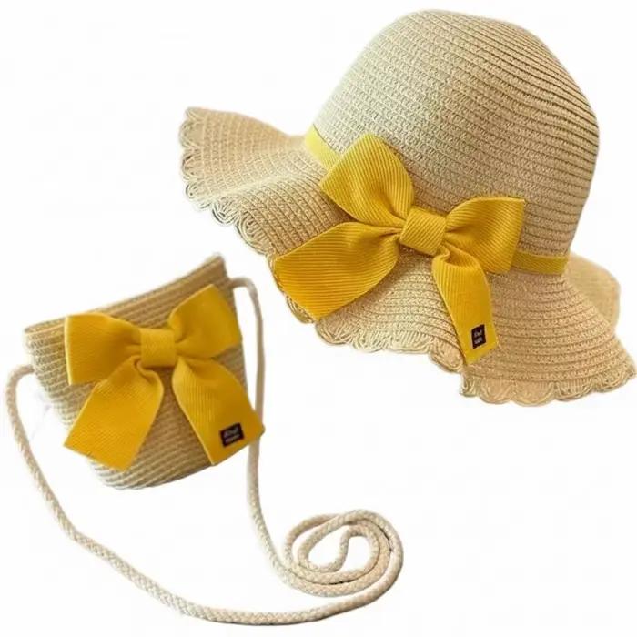Ensemble chapeau de soleil en paille et sac bandoulière, chapeau tressé respirant avec nœud, protect
