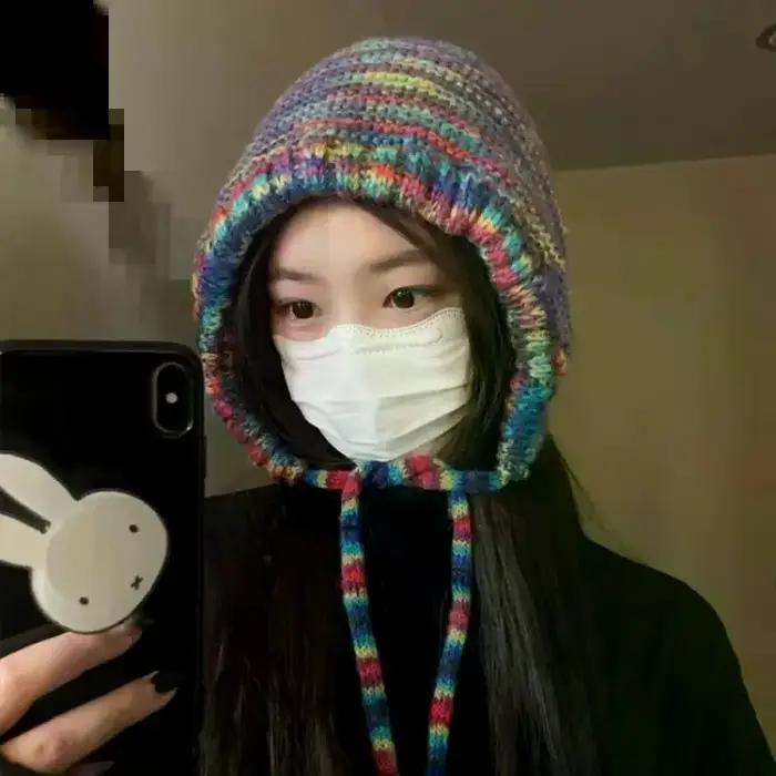 Nouveau bonnet tricoté à rayures arc-en-ciel pour femmes et filles, casquette de Protection des orei