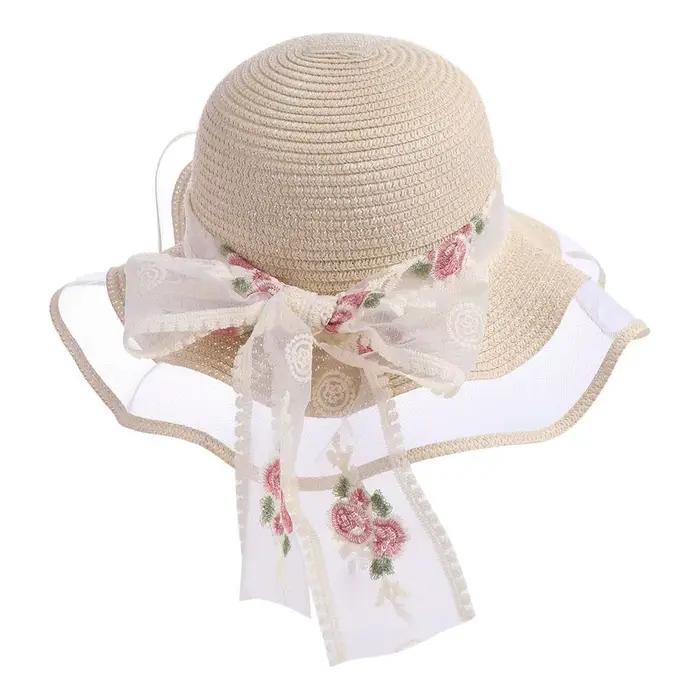 Chapeau de paille élégant pour femme, style français, à large bord, avec nœud en dentelle, pliable, 