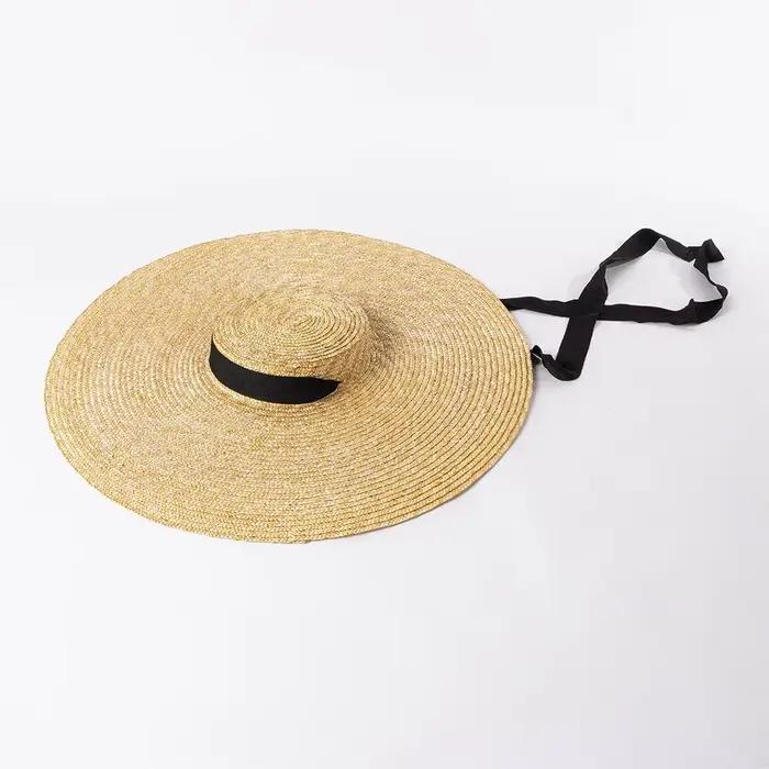 Été 15 cm large bord joli chapeau de paille plat chapeaux de paille femmes élégant français rétro ch
