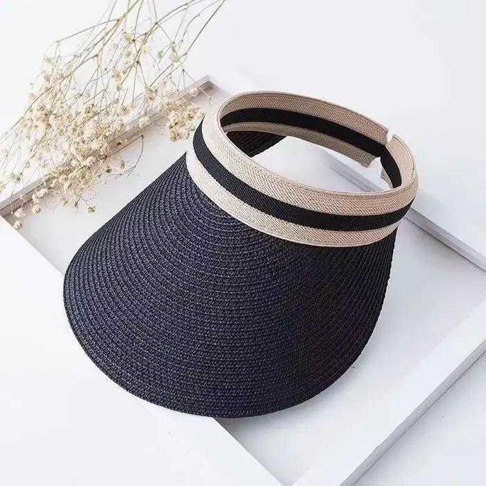 Chapeau de paille femme d'été en raphia à rayures, protection UV, style décontracté, casquette de ba