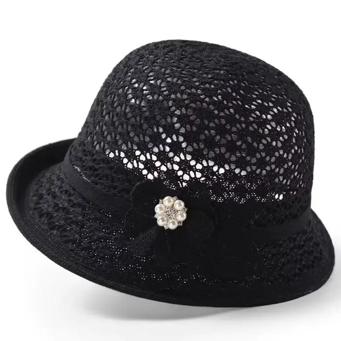 Chapeau de soleil élégant ajouré avec décoration florale, réglable, à bord roulé, respirant, léger, 