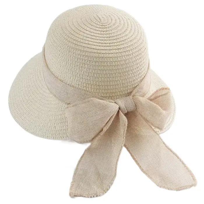 Chapeau de plage portable en paille tressée ajourée en polyester à large bord, casquette de pêcheur 