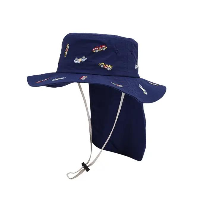 Casquette Panama pour enfants, Kawaii, Protection du cou brodée de dessin animé, chapeau seau à larg