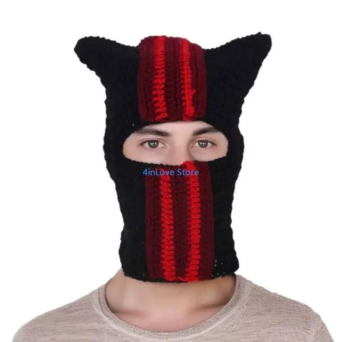 T4MD nouveauté cagoule chapeau pour adulte avec oreille du diable tricot bonnets chapeau résistant b