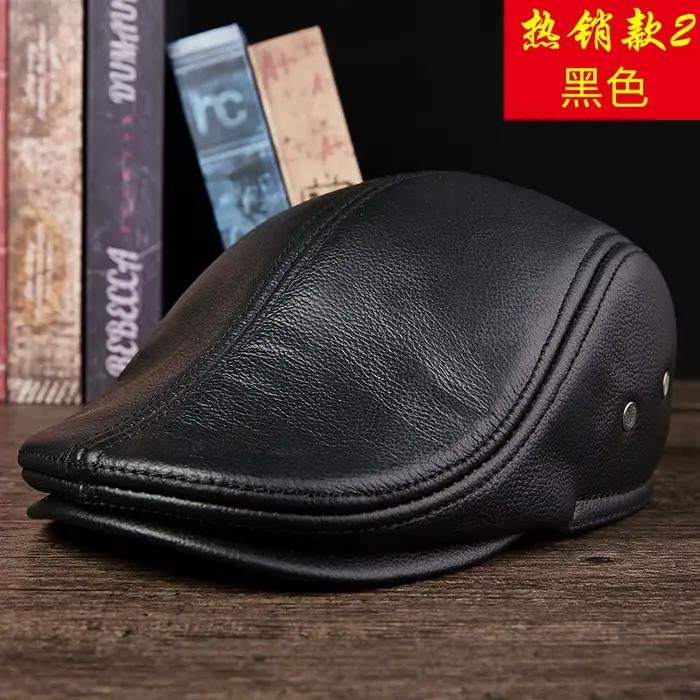 Bérets en cuir de vachette véritable pour hommes, casquette, chapeau, cuir véritable, noir, adulte, 