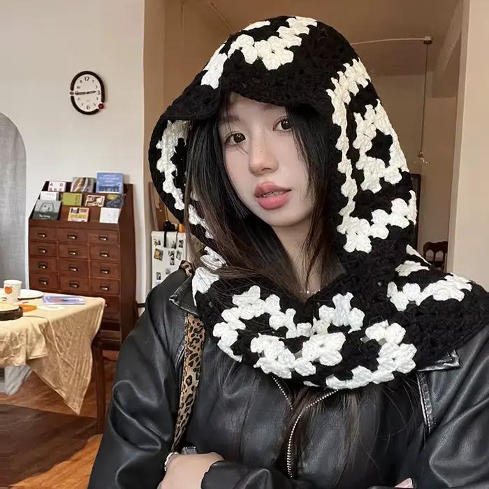 Casquette tricotée japonaise tissée à la main pour grand-mère, couleur assortie, pull creux, cagoule